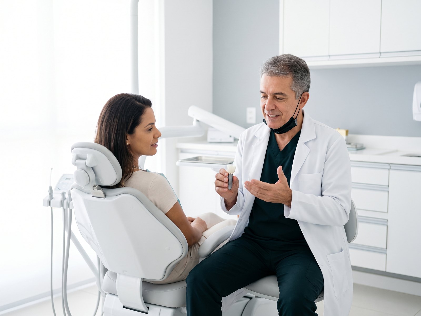 Dr. Alexandre de Souza Costa mostrando um modelo de implante dentário para uma paciente na cadeira odontológica
